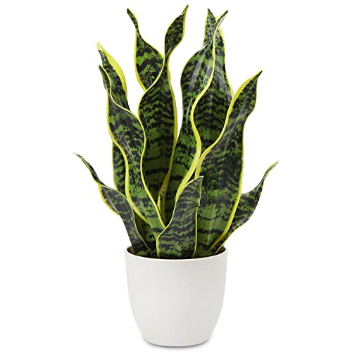 Hollyone Artificial Snake Plant Potted Faux Sansevieria Trifasciata Plants, 17″ Tropical Fake Plants in White Pots for Home Office Room Indoor Decor Housewarming Gifts