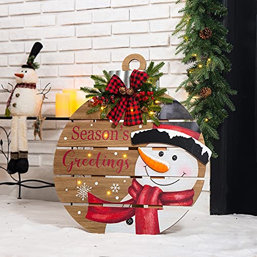 glitzhome 30″ Lighted Christmas Porch Sign Wooden Decor with 12 LED Lights, Season’s Greetings Snowman Display Plaques, Christmas Hanging Sign or Leaning Wall Yard Sign for Home Front Door Decor