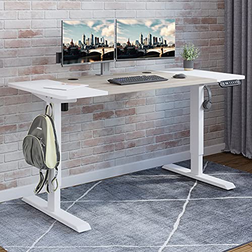 Radlove Electric Height Adjustable Standing Desk, 55 x 24 Inches Stand Up Desk Workstation, Splice Board Home Office Computer Standing Table Ergonomic Desk (White Frame + 55″ White+Maple Top)