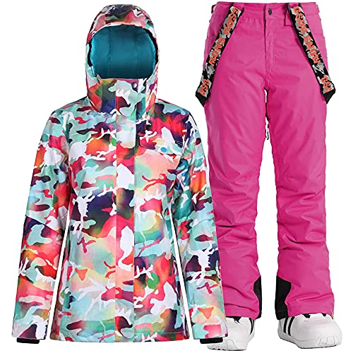IMPHUT Women’s Ski Jackets and Pants Snowboarding Snowsuit Coat Warm Hooded Waterproof Windproof Insulated Camouflage Pink M