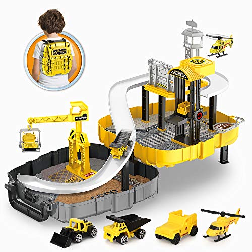 Siairo Construction Race Car Toy for Kids – Construction Race Truck with Crane, Helicopter, Bulldozer, Excavator Toy Backpack for 3 4 5 Year Old Boys & Toddlers