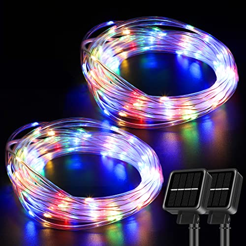 PINPON Solar Rope Lights 2 Pack, 66FT 8 Lighting Modes 200LED IP65 Waterproof, Solar Powered Outdoor Fairy Tube Light for Garden Pool Patio Bedroom Party Camping Decoration (Multi-Colored)