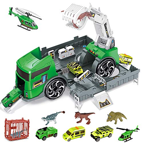 Siairo Dinosaur Toys, Dinosaur Truck Carrier, Dinosaur Transport Truck Car Toy for Kids 3 4 5 Year Old, with 3 Cars, 3 Dinosaurs, Manipulator, Helicopter, Cage, Gift for Boys Kids Toddlers