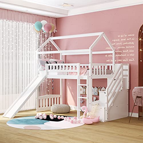 Harper & Bright Designs Twin Loft Bed with Slide and Storage, House Loft Bed with Stairs and Roof, Wood Loft Bed Frame for Kids, Teens, Boys & Girls (Twin Size, White)
