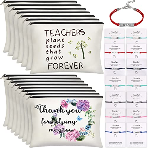 28 Pieces Teacher Appreciation Gifts survival kit bag Women 14 Funny Teacher Makeup Bags Toiletry Case in 2 Designs and 14 Teach Blessing Card Bracelets with Greeting Card for Christmas Teacher’s Day