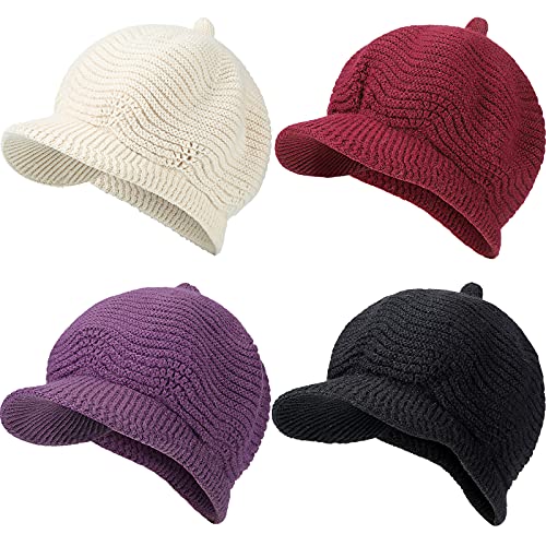 Zhanmai 4 Pieces Women Winter Visor Beanie Hat Warm Beanie Cable Knit Visor Cap Soft Stretch Skull Hat with Visor Thick Chunky Knitted Beanie with Brim