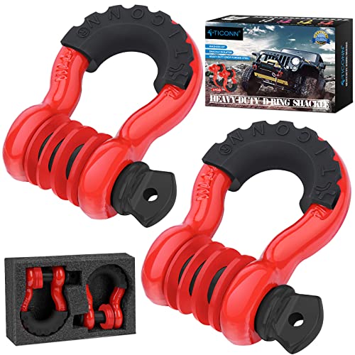 TICONN 2 Pack D Ring Shackle with 7/8″ Screw Pin 57,000Ibs Break Strength, 3/4″ Heavy Duty Shackles with Isolator & Washers for Tow Strap Winch Off Road Vehicle Recovery (Red/Black2)
