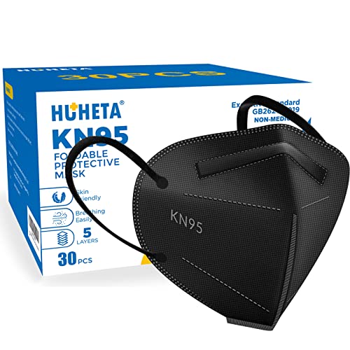 HUHETA KN95 Face Masks, Packs of 30 Black Mask, 5-Layers Mask Protection, Protective Cup Dust Masks for Outdoor Indoor Use