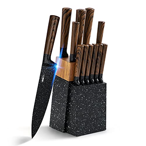 Knife Set,12-Piece Kitchen Knife Set, High Carbon Stainless Steel Knife Sets with Wooden Block, include 6 Steak Knives, Black