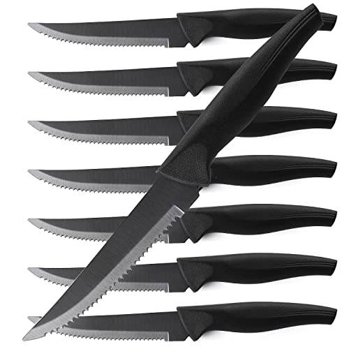 Wanbasion Black Stainless Steel Serrated Steak Knives Set of 8, Steak Knives Dishwasher Safe -Scratch Resistant