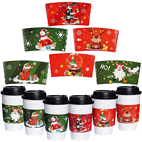 24 Packs Christmas Santa Coffee Cups Sleeves, Hmxpls Disposable Hot Chocolate Cocoa Cup Sleeves for 12oz 16oz Hot Drinks & Cold Beverage, Holiday Snowman Xmas Cups Thicken Paper Sleeves, 6 Designs