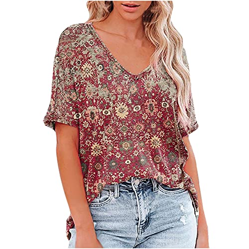 Modedress Summer Tops For Women Basic Short Sleeve T Shirt Casual Loose Print Tunic Top Crewneck Comfy Ladies Blouse Red