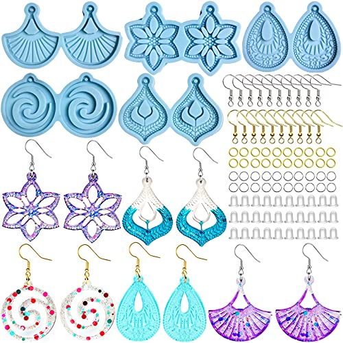 Unique Earring Molds, Funstorm 95pcs Resin Jewelry Molds, with 5 Pairs Earring Silicone Molds with Hole, Sets of Earring Hooks, Jump Ring, Eye Pins for Resin Jewelry, Pendant, Key Chains