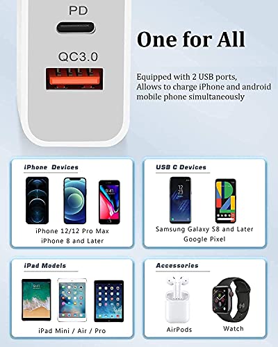 iPhone Fast Charger, [Apple MFi Certified] esbeecables 20W Dual Port PD3.0 USB-C + QC3.0 USB-A Rapid Wall Charger with 2X 6ft Lightning Cables, for iPhone 14/13/12/11 Pro, XS/XR/X/8/7P/SE/iPad/AirPods | The Storepaperoomates Retail Market - Fast Affordable Shopping