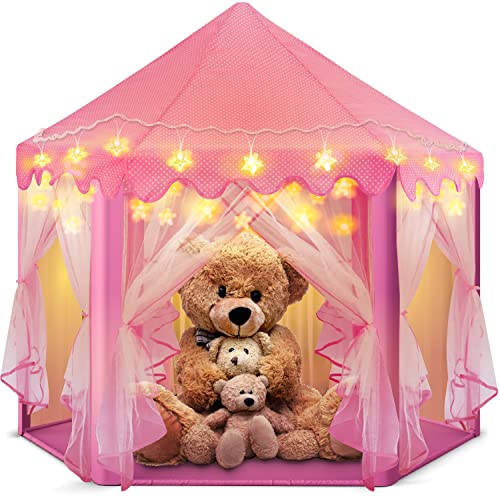 Princess Tent For Girls with LED Star Lights – Large Collapsible 53”x55” Indoor/Outdoor Play Tent – Teepee Kids Tent with Breathable Mesh and Carrying Bag – The Gift for Your Beautiful Little Princess