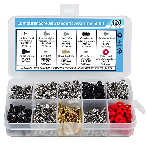 420PCS Computer Screws Standoffs Assortment Kit, Motherboard Screws for Universal Motherboard SSD Hard Drive PC Fan Power Supply Graphics PC Case, for DIY PC Installation & Repair