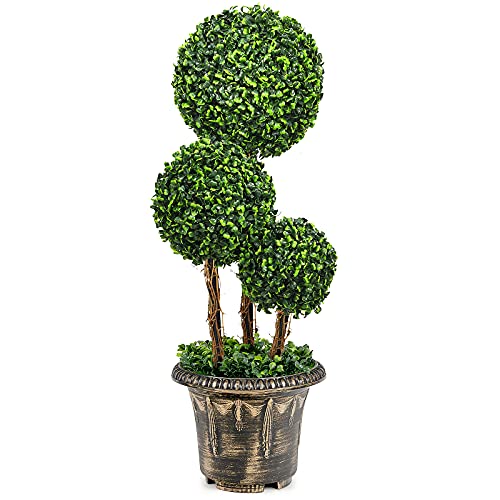 Goplus 2.5 Ft Artificial Boxwood Topiary Tree, Fake Greenery Plants Triple Ball Tree, Leaves & Cement-Filled Plastic Flower Pot Decorative Trees for Home, Office, Indoor and Outdoor Use