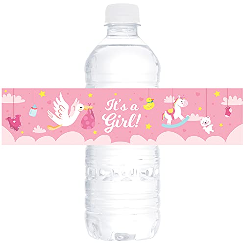 Super Cute, Water-Resistant, It’s a Girl Water Bottle Baby Label 24 PK. Unique Stork Party Favor Designs. Durable, Pink Favors for Showers, Sprinkles or Gender Reveals. Great Drink Labels Guests Love