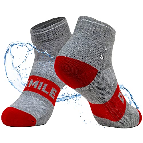 DRYMILE Active Waterproof Socks, Breathable Cushioned Running, Hiking, Winter Waterproof Socks for Men & Women – Ankle (XL, Grey and Red)
