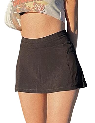 Meladyan Women’s Solid High Waist A Line Mini Tennis Skirt Inner Shorts Zip Pocket Micro Skort Punk Streetwear Black
