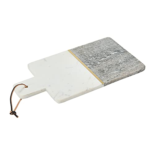 Boho 2-Tone Marble Charcuterie or Cutting Board with Brass Inlay and Leather Tie, Gray and White