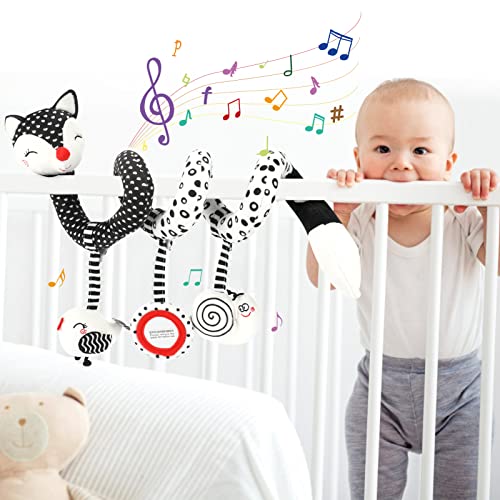 KKUYT Car Seat Toy for Baby, Infant Baby Spiral Plush Toys Stroller Toys Hanging Crib Activity Toy for Crib Bed Stroller Car Seat, Hanging Rattle Toy for 0-12 Months Newborn Baby-Black & White Fox