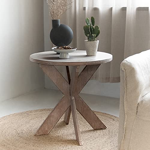 COZAYH Farmhouse Cross Leg end Table, French Country Accent Side Table for Family, Dinning or Living Room, Small Spaces, Modern, Round, Vintage Grey Finish.