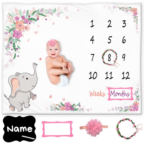 KEMINA BLANKETS Baby Monthly Milestone Blanket for Baby Girl – Elephant Month Blanket for Girl – Floral Wreath & Headband Included –Girl Nursery Decor Growth Chart Blanket