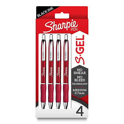 SHARPIE S-Gel, Gel Pens, Sleek Metal Barrel, Crimson Red, Medium Point (0.7mm), Black Ink, 4 Count