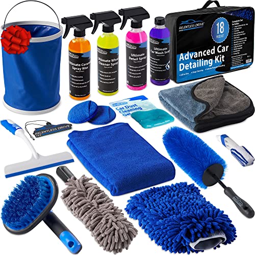 Relentless Drive Car Detailing Kit (18pc) – Car Cleaning Kit – Car Wash Kit – Complete Car Wash Kit with Bucket for Perfect Car Wash | Interior Car Cleaner and Wheel Cleaner
