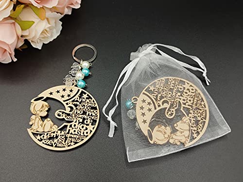 Solkool 12Pcs Wood Angel Moon Design Keychain Baptism Favors with Angels for Boy Baby Shower Recuerdos de Bautizo with Orgazna Bags (Wood)