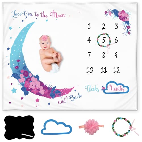 Kemina Blankets Baby Monthly Milestone Blanket Girl, Month Blanket For Baby Girl, Nursery Decor for Baby Shower , Neutral Baby Boy Girl Gifts, Baby Milestone Blanket Girl, Floral Moon Girl Theme,50×40