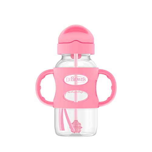 Dr. Brown’s® Milestones™ Wide-Neck Sippy Straw Bottle with 100% Silicone Handles, 9oz/270mL, Pink, 1 Pack, 6m+