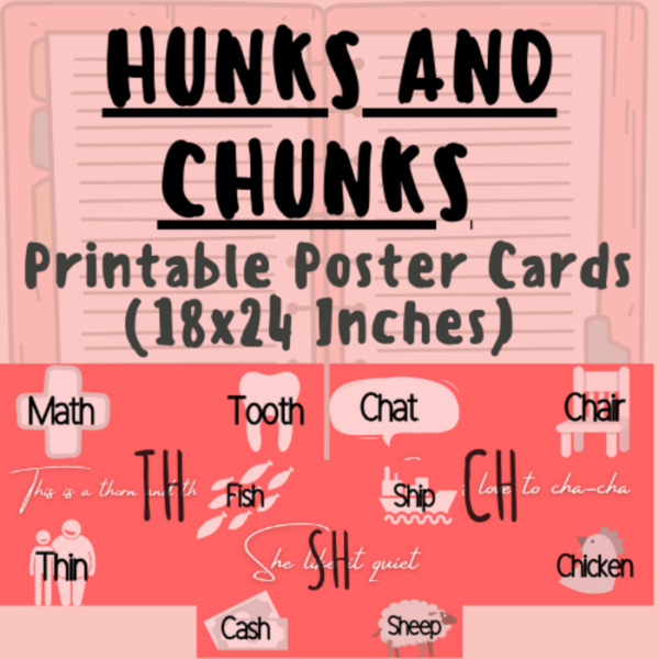 Phonics Hunks-and-Chunks Printable CVC Words Poster Cards (18×24 Inches) For K-5 Teachers and Students in Language Arts, Writing, and Grammar Classrooms