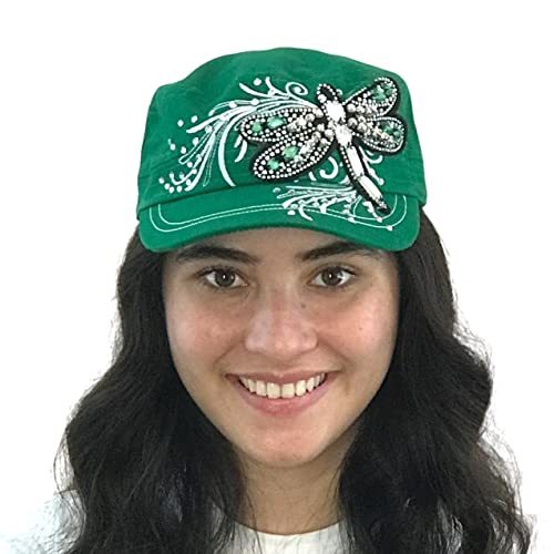 SILVERFEVER Women’s Military Cadet Army Cap Hat Vintage Distressed or Rhinestone Crystals on Brim (Green -Crystal Dragonfly)