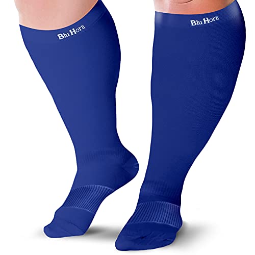 BLU HORN Knee High Compression Socks 15-20 mmHg – Everyday Use Improves Blood Circulation, Relieves Pain & Swelling (5X-Large, Blue (1-Pair))