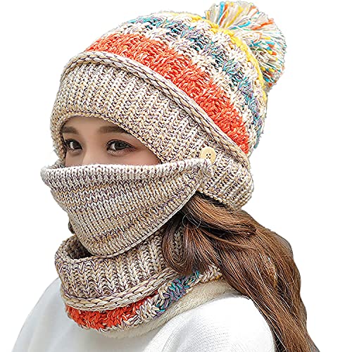 Women Winter Hat Scarf Mask 3 in 1 Fleece Lined Knitted Warm Beanies Hats Scarfs Set with Pompom Beige