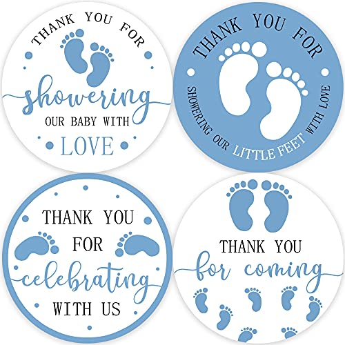 80 Boy Baby Shower Favor Stickers, Blue Feet Baby Boy Shower Stickers, Footprint Theme Baby Shower Thank You Labels(2 Inch)
