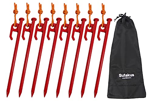Sutekus Heavy Duty Steel Tent Stakes Color Tarp Pegs Solid Camping Stakes with Reflective Pull Cord for Outdoor Camping Garden Canopy, 8″/8PCS (Red)