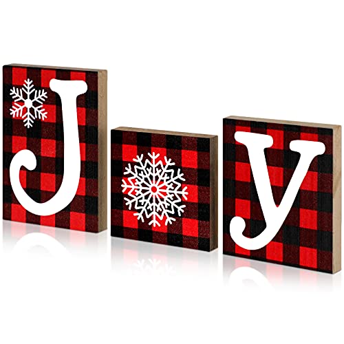Shellwei 3 Pieces Christmas Joy Table Decoration Wooden Christmas Plaid Letter Sign Fireplaces Desk Decor Table Sign for Xmas Party Winter Holiday New Year Home Decorations (Red-black Plaid)