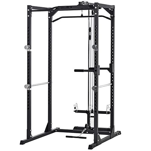 Soozier Multi-Functional Power Tower Dip Station Pull Up Bar LAT Pull Down Machine, Power Cage Fitness Equipment for Home Gym, Weightlifting Barbell Squat Rack, Dip Workout Station