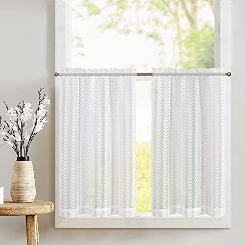 Lazzzy Sheer Kitchen Curtains Lace Tier Curtains Leaf Embroidery Country Cafe Curtains for Living Room Vintage Weave Voile Drapes 24 Inch Off-White Window Curtain Set 2 Panels Ivory | The Storepaperoomates Retail Market - Fast Affordable Shopping