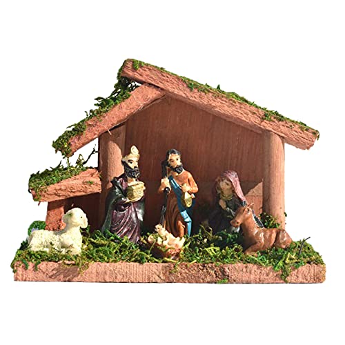URMAGIC Mini Nativity Set with Wooden Stable, Christmas Nativity Figurine,6.3x3x4.3inch Resin Nativity Scene Statue with Wooden and Moss Stable,Holiday Nativity Set for Home Office Decoraton