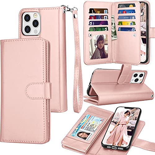 Tekcoo Wallet Case Compatible with iPhone 13 (6.1 inch) 2021 Luxury ID Cash Credit Card Slots Holder Carrying Pouch Folio Flip PU Leather Cover [Detachable Magnetic Hard Case] with Strap [Rose Gold]