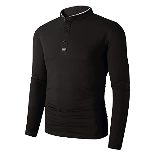 PRIUMPH Long Sleeve Polo Shirts for Men,Cotton Regular Fit Golf Polo,Casual Three-Button Henley, Athletic Tee Shirts Black,XXL