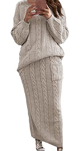 CHARTOU Women’s Winter Chunky Cable Knit Long Skirt 2 Piece Outfit Sweater Sets (Large, Apricot)