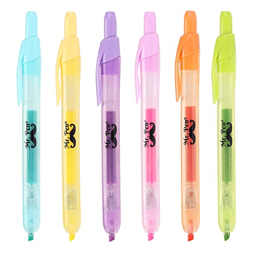 Mr. Pen- Retractable Highlighters, 6 Pack, Pastel Colors, Chisel Tip, No Smear Click Highlighter, Bible Journaling Highlighter, Highlighter Markers Retractable, Highlighter Pens, Mild Highlighters