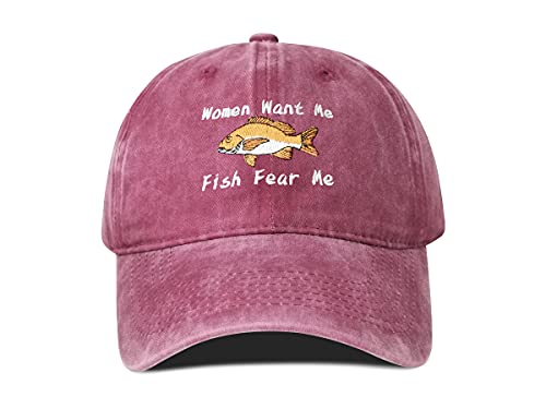 Women Want Me Fish Fear Me Embroidered Washed Burgundy Baseball Caps for Men, Adjustable Trucker Hats Embroidery Snapback Cotton Animals Dad Hat