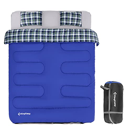 KingCamp Double Sleeping Bag for Adults 2 Person, Camping Lightweight Waterproof 3-in-1 Cotton Flannel Sleeping Bags, 3 Season Cold Warm Weather, Bottom Sheet, Compression Sack, 2 Pillows