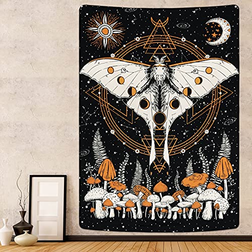 Krelymics Moth Tapestry Trippy Mushroom Tapestry Sun and Moon Tapestries Moon Phase Tapestry Celestial Stars Tapestry Wall Hanging for Room(51.2 x 59.1 inches)
